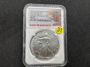 lot 31 image: 2021-S American Silver Eagle FIRST STRIKE NGC MS69 Type 1 Emergency Issue - NGC Price Guide is $60