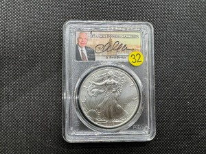 lot 32 image: 2020 American Silver Eagle Bowers Autographed PCGS Gem Uncirculated