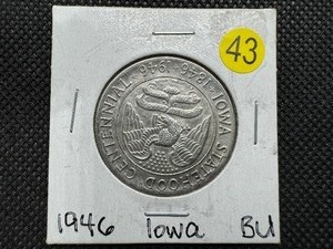 lot 43 image: 1946 BU Iowa Commemorative Silver Half Dollar - PCGS Price Guide for an MS62 is $100.00