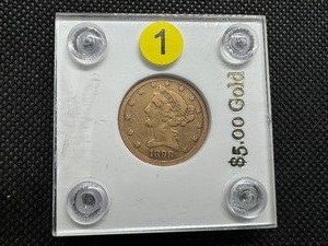 lot 1 image: 1898-S Gold Liberty Head $5.00 Coin (0.2419 Oz. of Gold) - PCGS Price Guide for an XF40 is $685.00