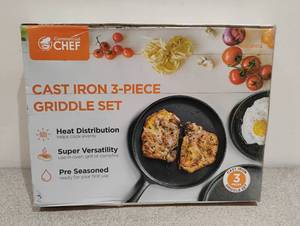 NEW COMMERCIAL CHEF 2-PIECE CAST IRON GRIDDLE SET