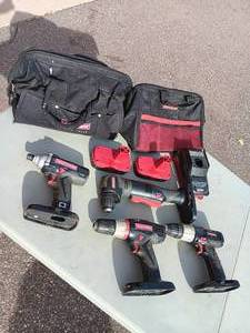 lot 12 image: 2-Craftsman 19.2 Volts Drills, Right Angle & Impact Drill. Has 2-Battries, Charger & Bag.