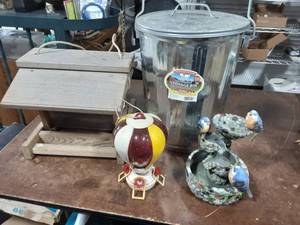 lot 32 image: 6-Gallon Galvanized Bin, Bird Feeder, Hummingbird Feeder, Battery Operated Fountain