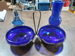 lot 34 image: Cobalt Blue Candy Dish, Vase, Angel Candle Holder