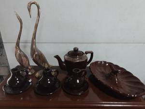 lot 21 image: Lot Of Glazed Pottery-Tea Pot, Candle Holders, Pair Of Birds