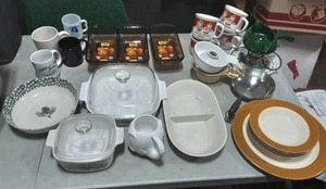 lot 44 image: Lot Of Cookware, Pyrex, Corningware, & Other Mugs & Dishes
