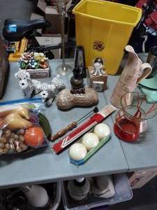 lot 45 image: Hull Pottery Pitcher, Other Pottery, Round Candles, Plastic Fruit
