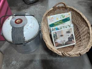 lot 49 image: Old Time Washing Machine Handyshot By Chicago Electric Manuf. Co., Large Wicker Basket, 2-Twin & 2-Queen Sheets