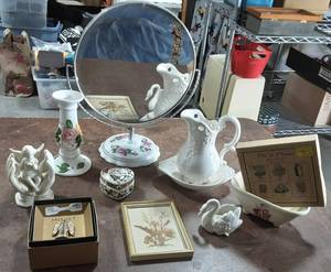 lot 29 image: 2-Sided Mirror, Bowl & Pitcher, Soaps & Dish, Trinket Box, Angel Pin, More