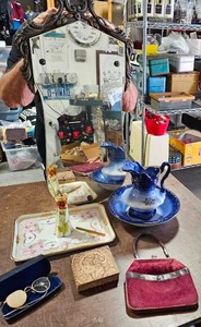 lot 50 image: Vintage Wall Mirror (Chipped), Purse From 1800s, Hand Painted Dresser Tray, Old Spectacles, Wood Trinket Box, Crocheted Gloves