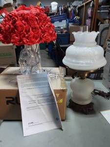 lot 20 image: Glass Hurricane Lamp, Ruida Red Rose Lamp & 2-Bins Of Assorted Light Fixtures & Globes