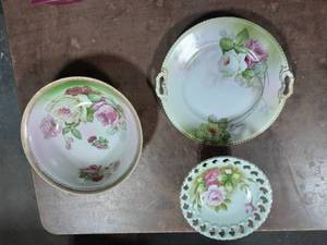 lot 58 image: Lefton Hand Painted Reticulated Compote, Hand Painted Bowl (Germany), Hand Painted Platter (Schwarzburg)