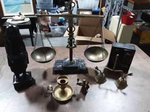 lot 61 image: Brass Scale With Marble Base, Other Brass Items, Carved Wood Buddha (12), Fancy Little Chest (6x5)