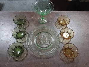 lot 62 image: Lot Of Colored Glass Green Platter, Uranium () Compote, 3-Amber & 3-Avacado Bowls