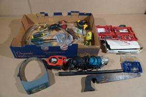 lot 220 image: Assorted Tools - Grinder, Chalk Line, Tape Measures, Wrenches