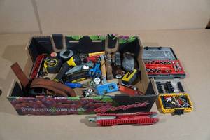 lot 222 image: Assorted Tools - Sockets, Level, Tape Measures