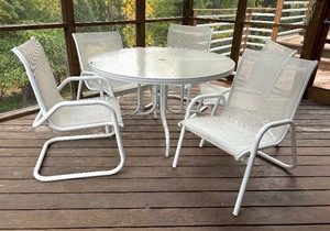 lot 36 image: White Patio Table with 5 Chairs