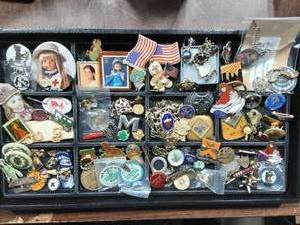Assortment Of Buttons , Pins, Badges, Medals, More