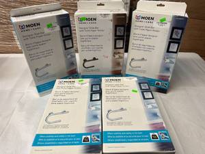 MSRP $250 Lot of 5 NEW In Box Moen Home Care Designer Grab Bar with Toilet Paper Holder - Includes Secure Mount Anchors - 250 lbs. Weight Capacity - Chrome Or Bronze