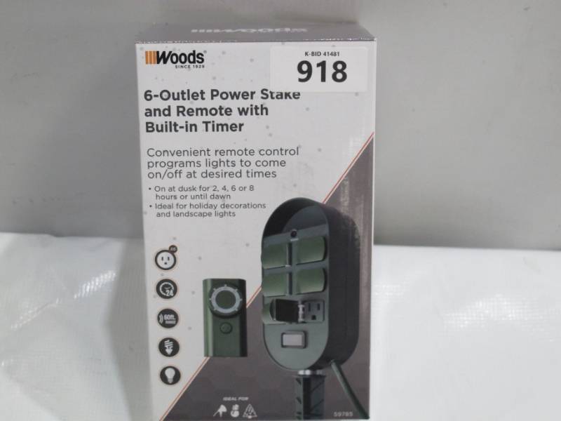 lot 918 image: Woods 59785WD 6-Outlet Yard Stake Timer with Photocell and Wireless Remote Control (Green)