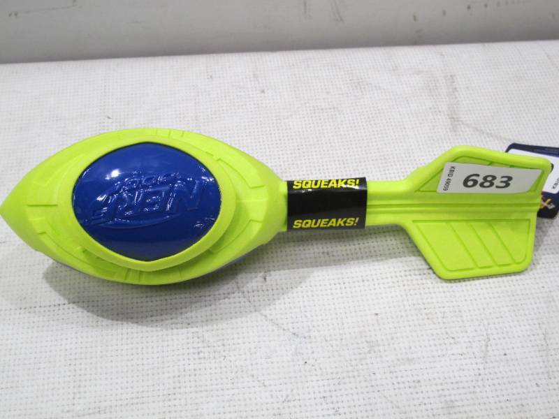 lot 405 image: NEW NERF Dog 12 in. TPR Foam Megatron Vortex Squeaker Blue Green