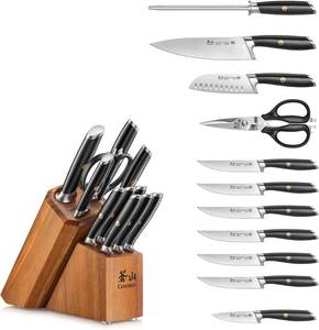 lot 319 image: Cangshan L Series 12-Piece Knife Block Set with 6 Steak Knives, Forged German Steel, Acacia Block, Black, Cracked Handles