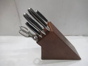 lot 337 image: CANGSHAN 7-Piece Knife Block Set, Forged German Steel, Acacia Block - Black Handles