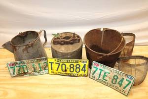 lot 20 image: Vintage Metal Buckets, Bottles, and Minnesota License Plates Collection