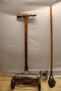 lot 21 image: Vintage Manual Lawn Mower and Cultivator Lot