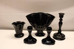 lot 34 image: Vintage Black Glass Decorative Set