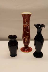 lot 48 image: Set of Three Decorative Vases - Handpainted and Black Glass