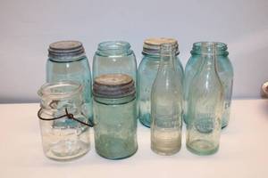 lot 67 image: Vintage Ball and Atlas Mason Jars with Crookston Bottle