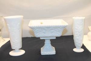 lot 87 image: Vintage Milk Glass Compote and Vases Set