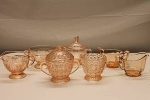 lot 90 image: Vintage Pink Depression Glass Creamer and Sugar Bowl Set