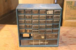 lot 134 image: Assorted Hardware Storage with Pipe Thread Stick and Various Fasteners