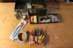 lot 155 image: Mixed Electrical Tools and Supplies Lot with Tool Belt