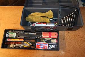 lot 175 image: Toolbox with Assorted Hand Tools and Fire Extinguisher - Includes Wrenches, Pliers, and Gloves