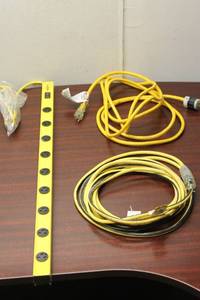 lot 231 image: Group of 3 Heavy-Duty Yellow Extension Cords and Power Strip