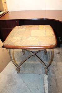 lot 285 image: Rustic Square Side Table with Slate Top and Metal Base