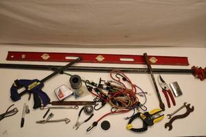 lot 299 image: Assortment of Hand Tools and Accessories - Includes Clamps, Wrenches, and Level