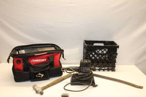 lot 354 image: Tool Lot Including Husky Tool Bag, Craftsman Sander, Hammer, and Pry Bar