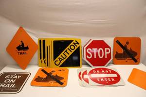 lot 384 image: Group of 9 Vintage Traffic and Trail Signs - Caution, Stop, Do Not Enter