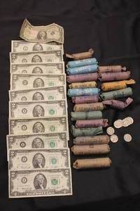 lot C-506 image: Lot of 21 Vintage Currency Notes and Coin Rolls - Assorted Denominations