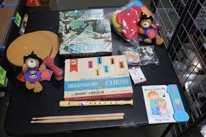 lot 973 image: Variety Lot of Childrens Toys and Games - Includes Chess Set, Plush Toys, Musical Book