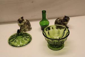 lot 590 image: Vintage Green Glass Compote with Lid, Pair of Cat Figurines, and Green Glass Jug