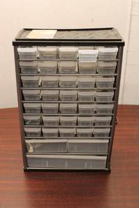 lot 593 image: Storage Organizer with Multiple Drawers and Assorted Drill Bits
