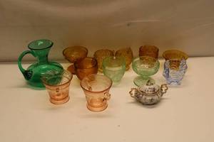 lot 634 image: Collection of 12 Vintage Glass and China Items Including Pitcher and Decorative Bowls