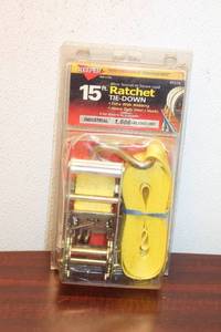 lot 637 image: 15 ft Ratchet Tie-Down with Heavy Duty Webbing - 1,666 lbs Load Limit