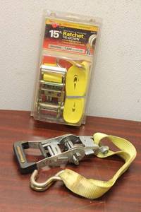 lot 638 image: 15 ft. Ratchet Tie-Down with Heavy Duty Steel J-Hooks - 1,666 lbs Load Limit