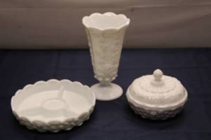 lot 644 image: Vintage Set of 3 Milk Glass Serving Pieces - Vase, Dish, and Lidded Container